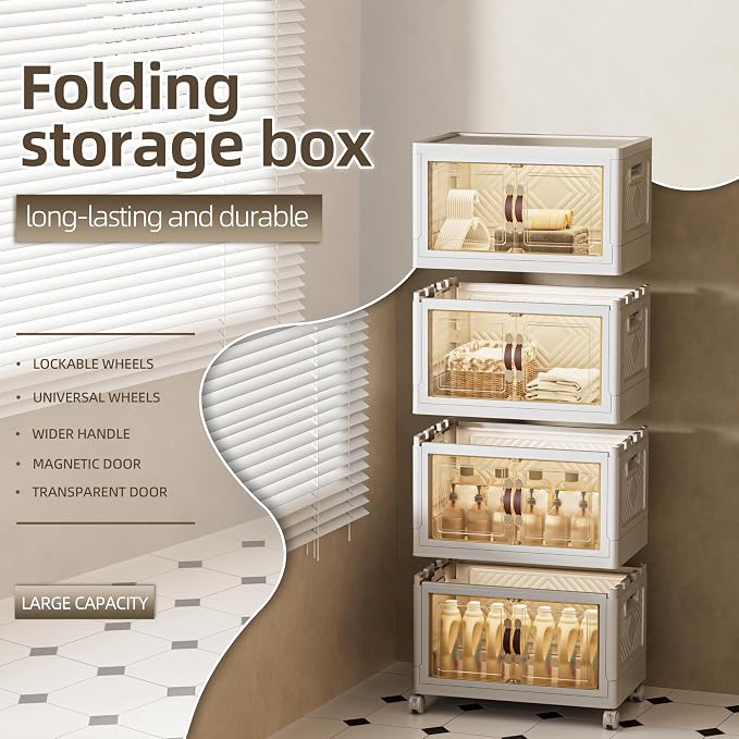 144 QT / 36 Gal Stackable Storage Bins w/Wheels & Magnetic Doors, Collapsible - Image 4