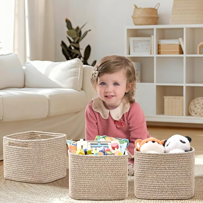 3 Pack Cube Storage Bin, 9”x9”x7” Cotton Rope Woven Baskets - Image 2