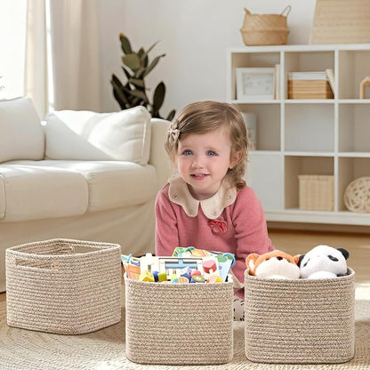 3 Pack Cube Storage Bin, 9”x9”x7” Cotton Rope Woven Baskets - Image 2
