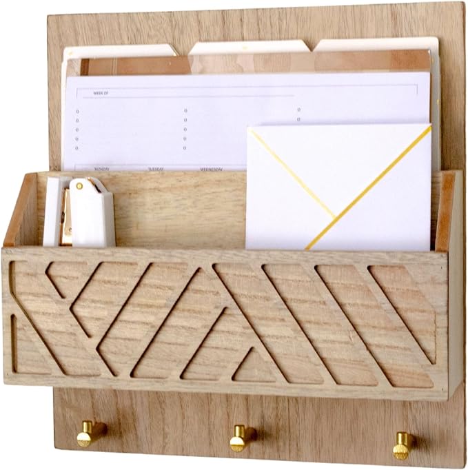 BLU MONACO Wall-Mounted Mail and Key Holder – Natural Wood 2-Tier Letter by Blu_Monaco