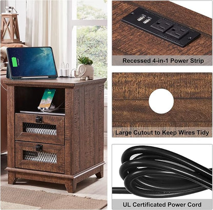 Nightstand with Charging Station, OKD 18'' Industrial & Farmhouse End Table - Image 3
