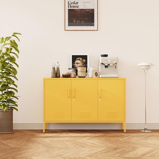 Lockable Yellow Industrial Metal TV Cabinet, Media Storage Console TV Stand - Image 6