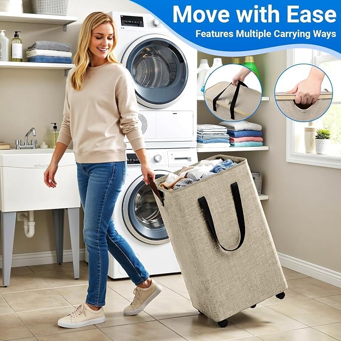 Laundry Basket with 5 Wheels, Tall Dirty Laundry Hamper, Rolling Laundry Basket - Image 4