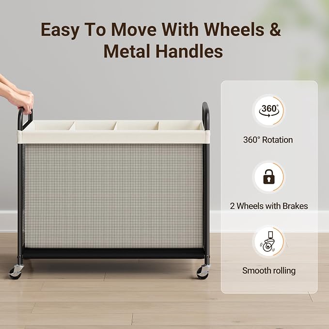 ELYKEN Laundry Hamper 4 Section, 140L Rolling Laundry Sorter - Image 4
