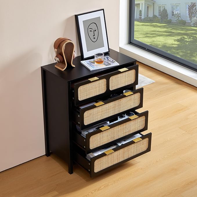 4 Drawer Dresser with Rattan Finish, Modern Farmhouse Chest of Drawers with - Image 5