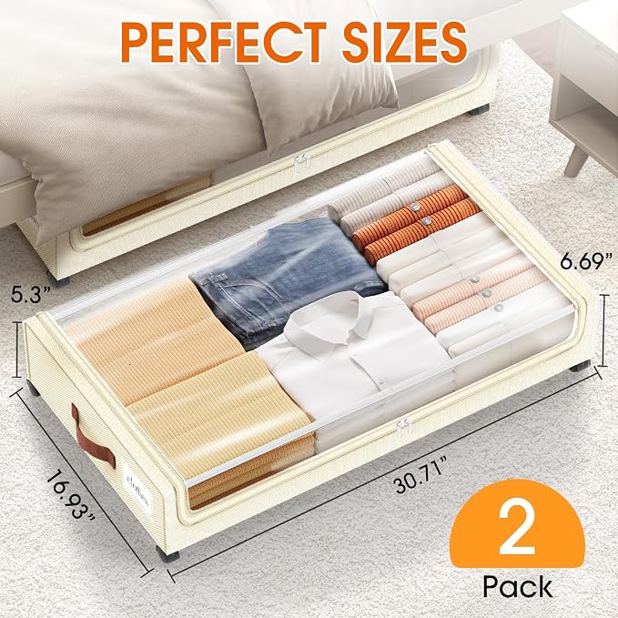 Under Bed Storage with Wheels 2Pack Underbed Storage with Clear Window&Label - Image 2