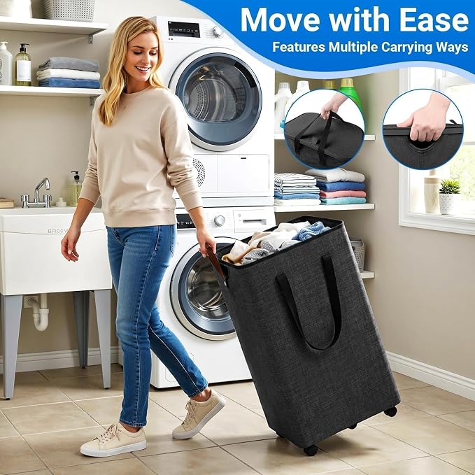 Laundry Basket with 5 Wheels, Tall Dirty Laundry Hamper, Rolling Laundry Basket - Image 4