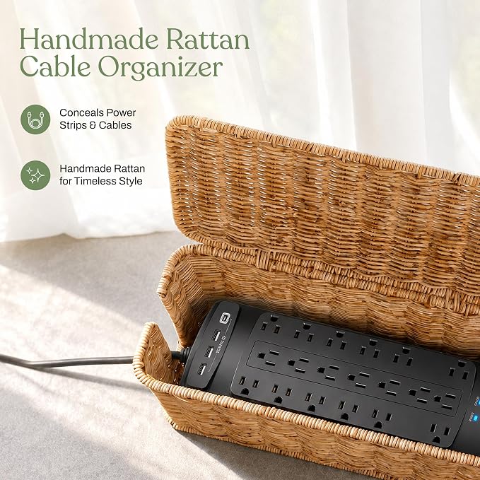 Cable Management Box Set of 2 Sizes, Handmade Rattan Cable Organizer - Image 3