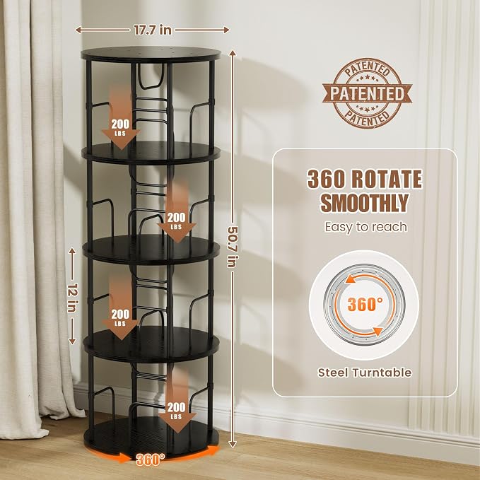 Flycity 4 Tier Rotating Bookshelf, 360° Corner Bookshelf Tower, Round Revolving - Image 2