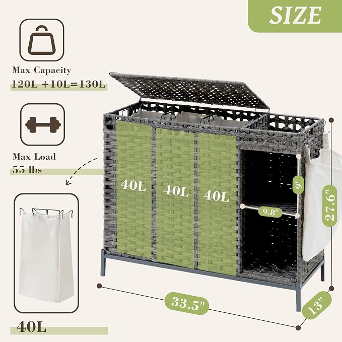 Laundry Hamper with Lid, 130L Rattan Laundry Hamper 3 Section with 50L Storage - Image 2