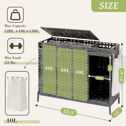 Laundry Hamper with Lid, 130L Rattan Laundry Hamper 3 Section with 50L Storage - Image 2