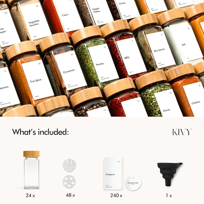 KIVY Spice Jars with Labels Glass Seasoning Containers with Airtight Lids - Image 3