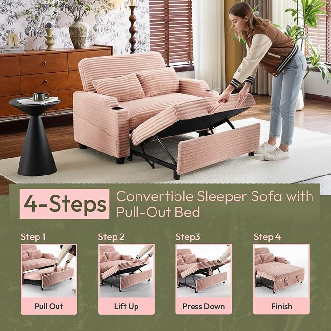 VINGLI Pink Futon Sofa Bed Convertible Loveseat Sleeper Sofa Couch, Corduroy - Image 6