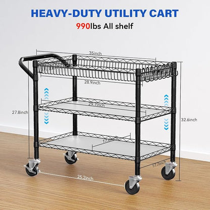 YNN Black Utility Rolling Cart, 990Lbs 3 Tier Heavy Duty Metal Cart - Image 6
