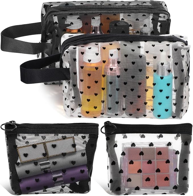 4 PCS Heart Printed Mesh Makeup Bag Set by Unknown