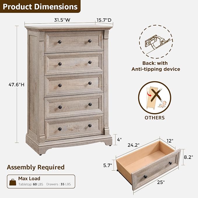 T4TREAM Farmhouse 5 Drawers Dresser - Image 2