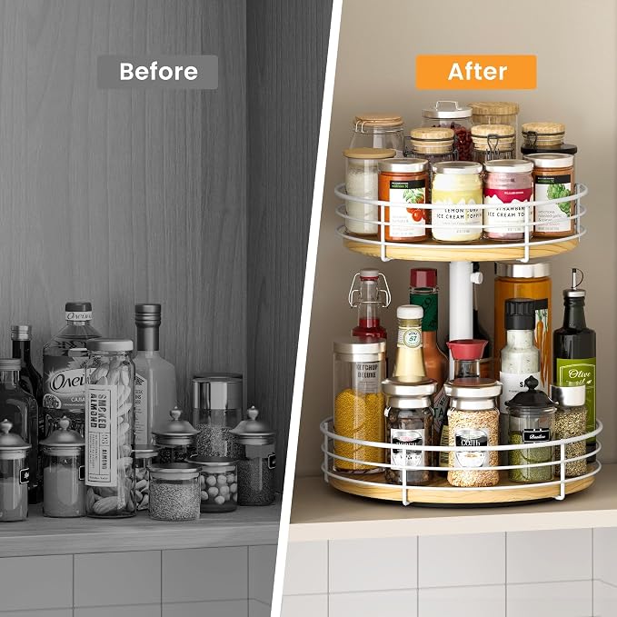 Two Tier Lazy Susan Organizer Turntable, 12 Inch, Rotating Spice Rack, Wood - Image 5
