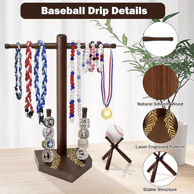 Wooden Baseball Ring & Necklace Holder – Championship Rings Display Stand - Image 3