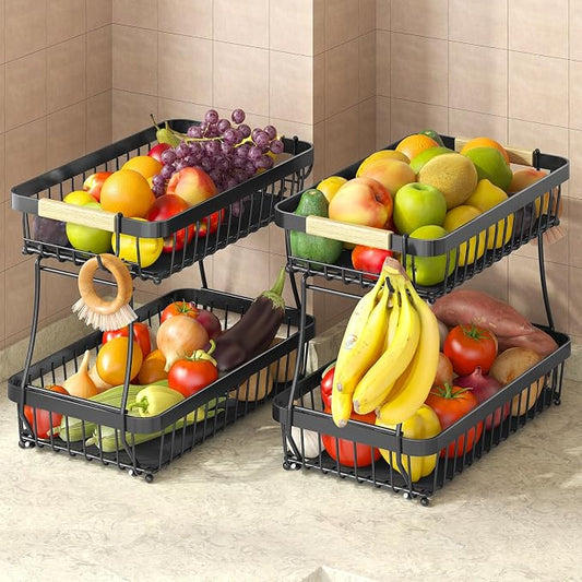 2-Tier Fruit Basket with Banana Hangers, Detachable Metal Bowl | Wooden handle by Sevenblue