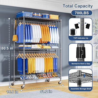 P8 Heavy Duty Clothes Rack（With Extended Width Design） Rolling Clothing Racks - Image 2