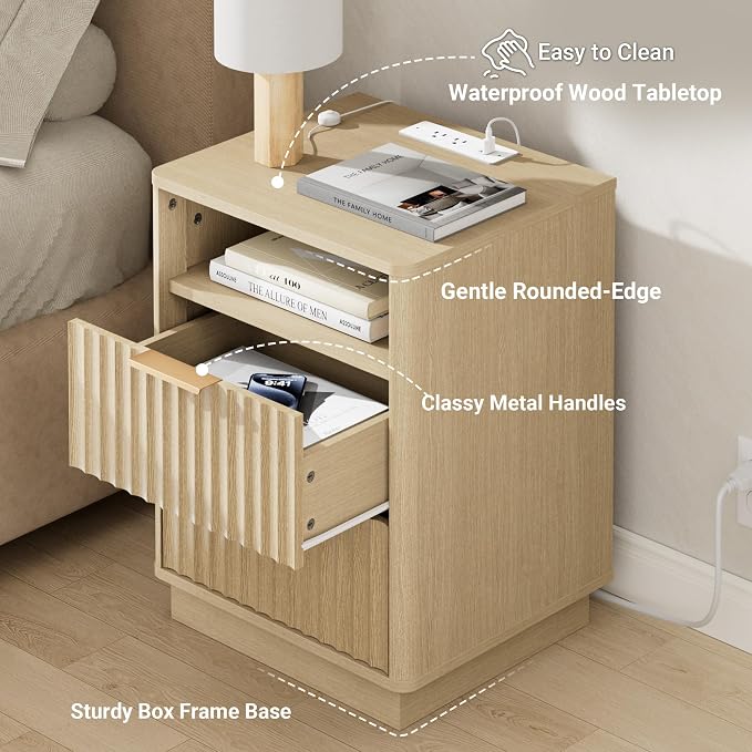 Fluted Nightstand with Charging Station, 2 Drawers End Table with Storage - Image 5