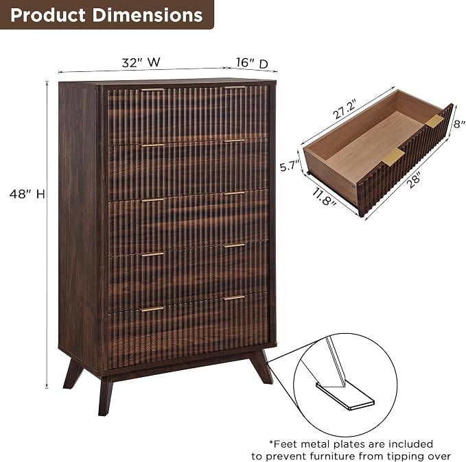 T4TREAM Fluted 5 Drawers Dresser, Curved Profile Design, Wood Drawer Organizer - Image 2