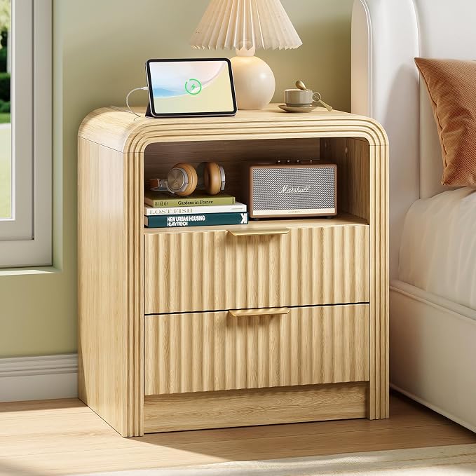 Fluted Nightstand with Charging Station, 19.7'' Wide Morden End Table with by Decofy