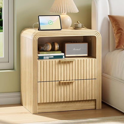 Fluted Nightstand with Charging Station, 19.7'' Wide Morden End Table with by Decofy