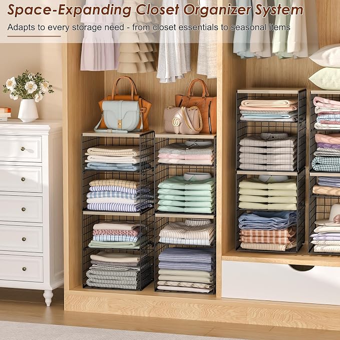4-Tier Stackable Closet Organizers and Storage, Adjustable Dividers & Wood Top - Image 7