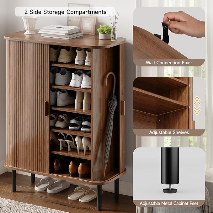 6-Tier Shoe Cabinet with Sliding Door, Wooden Shoe Storage Cabinet with - Image 4