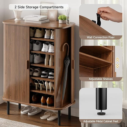 6-Tier Shoe Cabinet with Sliding Door, Wooden Shoe Storage Cabinet with - Image 4