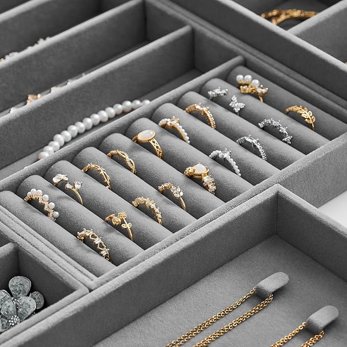 Velvet Jewelry Drawer Organizer Trays – Large Grey Stackable Jewelry Storage - Image 4