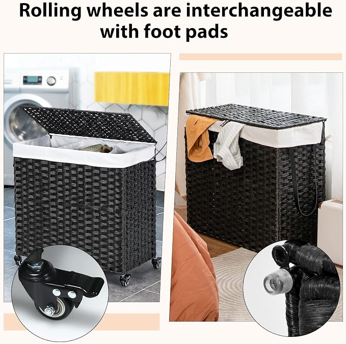 Giantex Laundry Hamper with Wheels and Lid, 125L Rattan Clothes Hamper with 2 - Image 6