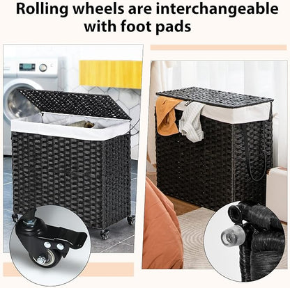 Giantex Laundry Hamper with Wheels and Lid, 125L Rattan Clothes Hamper with 2 - Image 6