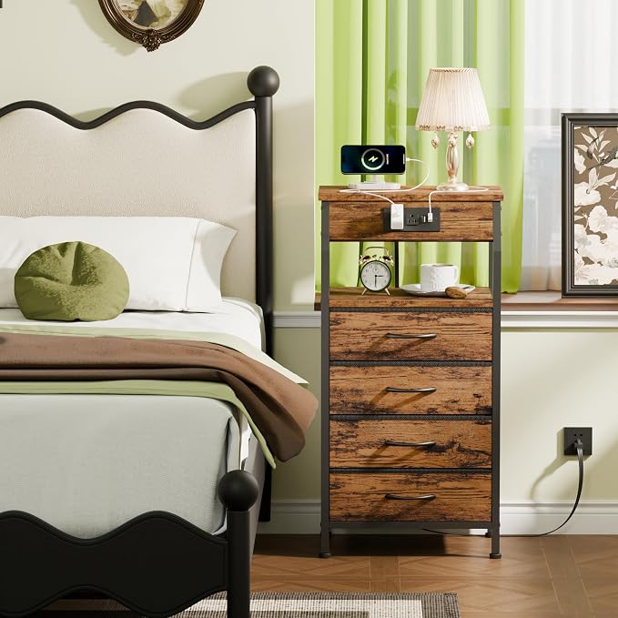 Furnulem Night Stand with Charging Station, 4 Drawers Tall Bedside Table | - Image 4