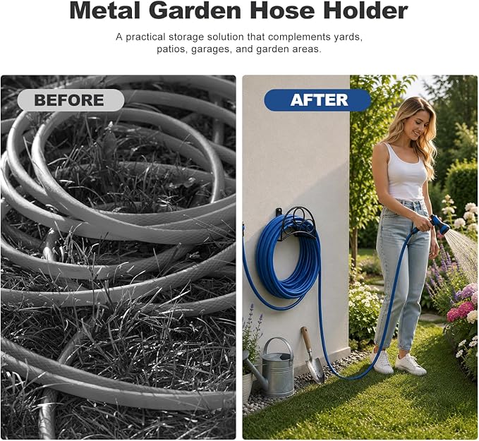 Metal Garden Hose Holder Wall Mounted Water Black Hose Holder - Image 8