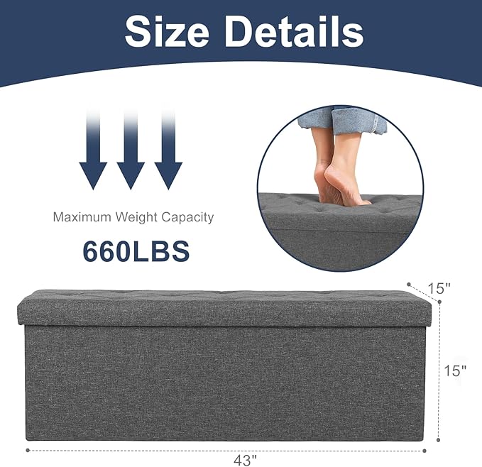 DUMOS 43 Inch Folding Storage Ottoman Bench, Large Ottoman - Image 3