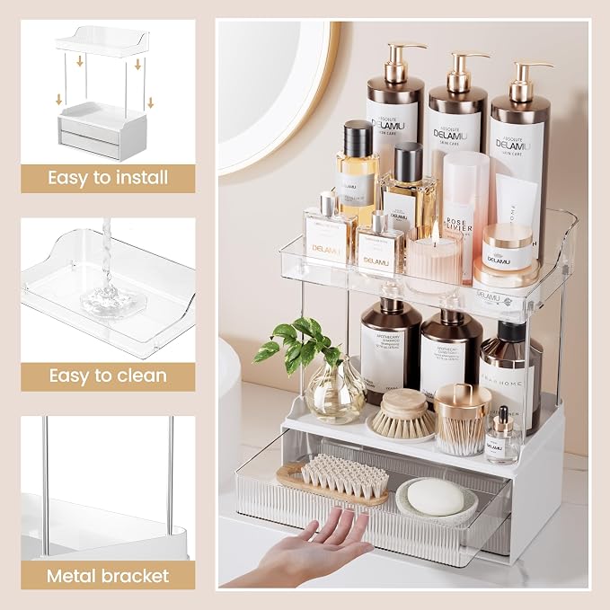 Delamu Bathroom Organizers and Storage, 2 Tier 2 Drawer Makeup Organizer - Image 8
