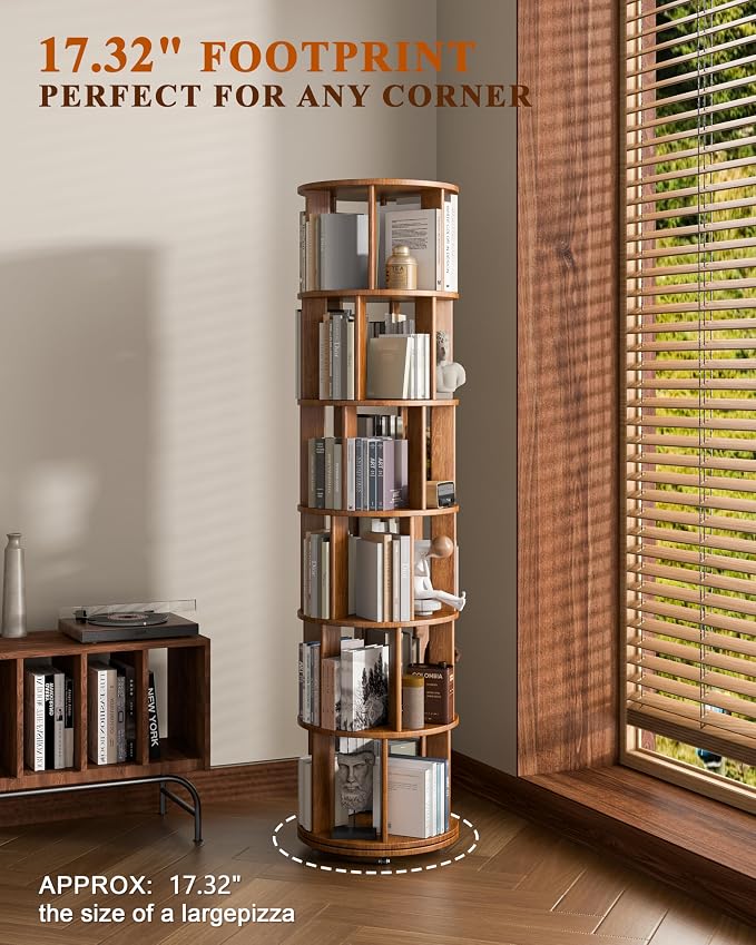 6 Tier Solid Wood Rotating Bookshelf on Wheels, 360° Spinning Book Shelf Tower - Image 6
