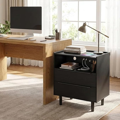 26" Tall Black Nightstand with Charging Station, 2 Drawer Contemporary Modern - Image 7
