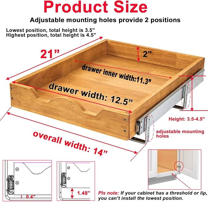 DINDON 1 Tier Pull Out Cabinet Organizer Single Tier Heavy Duty Sliding Wood - Image 2