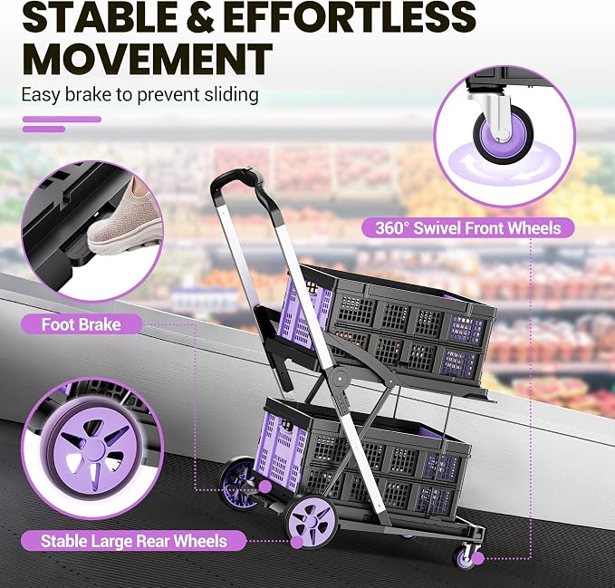 8-in-1 200LBS Collapsible Shopping Cart, Adjustable Handle Grocery Cart on - Image 5