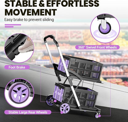 8-in-1 200LBS Collapsible Shopping Cart, Adjustable Handle Grocery Cart on - Image 5