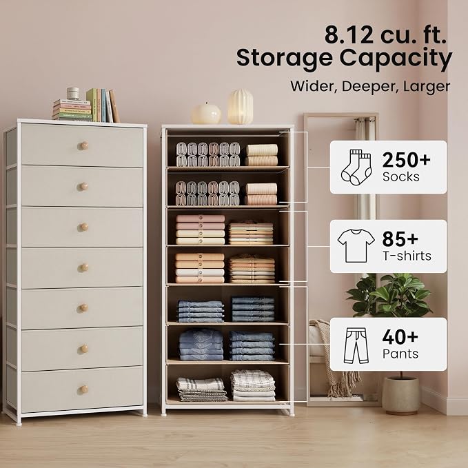 Fabric Dresser for Bedroom, Wide 7-Drawer Tall Vertical Tower | Wooden Top - Image 4