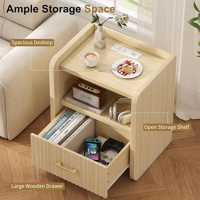 Night Stand with Charger Station, Fluted Wood Nightstand with Drawer Storage - Image 7