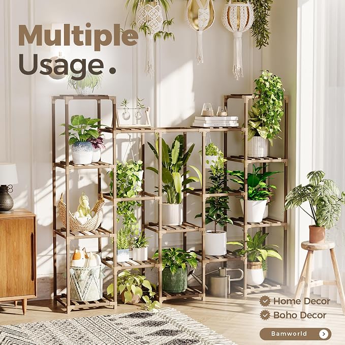 Bamworld Large Hanging Plant Stand Indoor Tall Plant Shelf Outdoor 14 Pots - Image 2