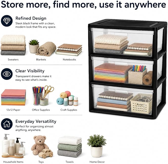 Wide 3 Drawer Plastic Storage Tower Clear Chest Organizer | Clear Removable - Image 3