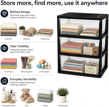 Wide 3 Drawer Plastic Storage Tower Clear Chest Organizer | Clear Removable - Image 3