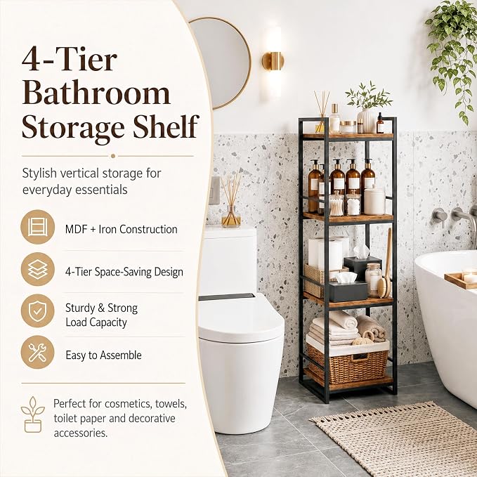 BYFU 4 Tier Bathroom Storage Open Shelf Rustic Brown Metal Corner Rack | 46.1" - Image 3