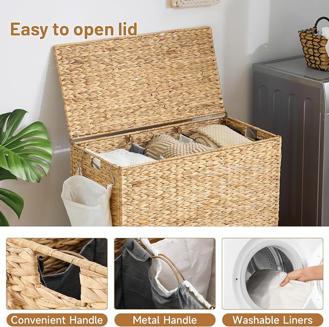 Laundry Hamper with Wheels, 52.8 Gallon Water Hyacinth Laundry Basket with Lid - Image 7